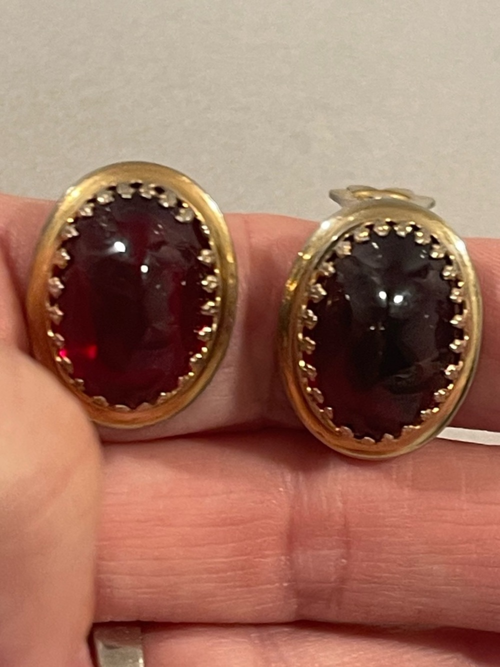 Gold-Tone Oval Red Glass Clip-On Earrings